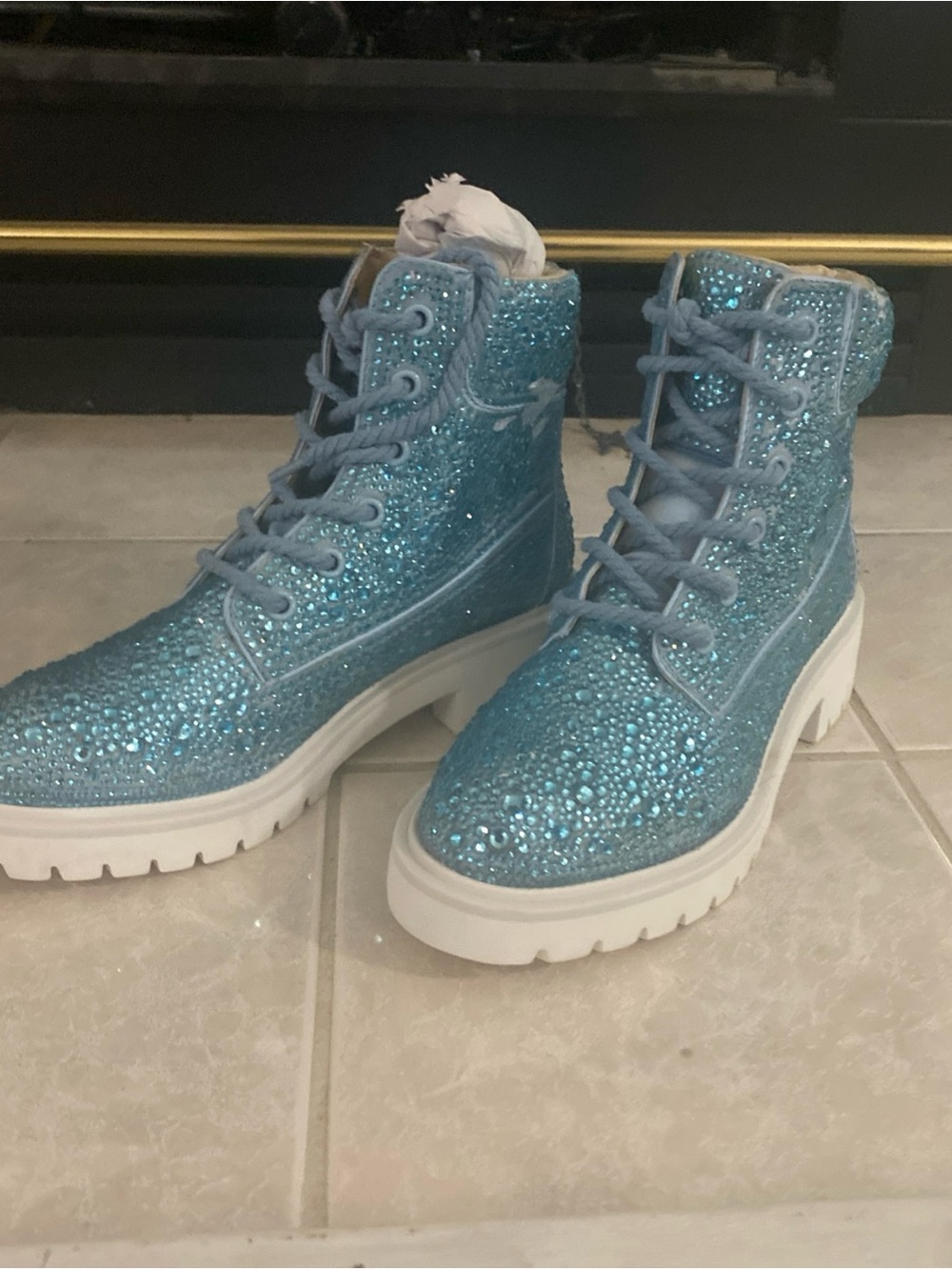 Betsey Johnson Blue Glitter Rhinestone Combat Boots Sz 6.5